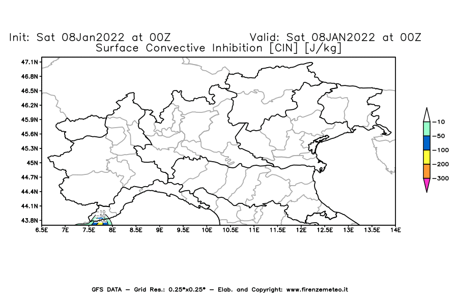 Mappa di analisi GFS - CIN [J/kg] in Nord-Italia
							del 08/01/2022 00 <!--googleoff: index-->UTC<!--googleon: index-->