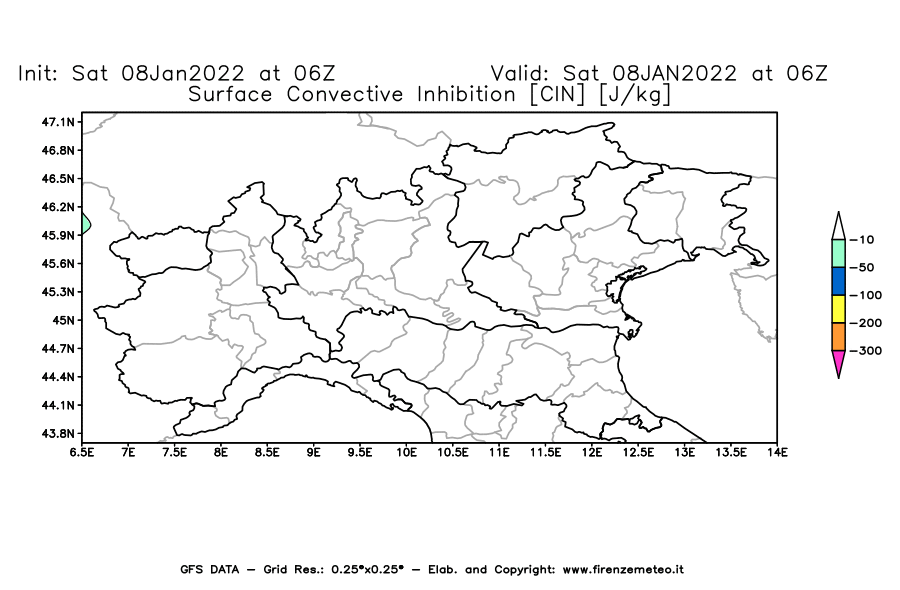 Mappa di analisi GFS - CIN [J/kg] in Nord-Italia
							del 08/01/2022 06 <!--googleoff: index-->UTC<!--googleon: index-->