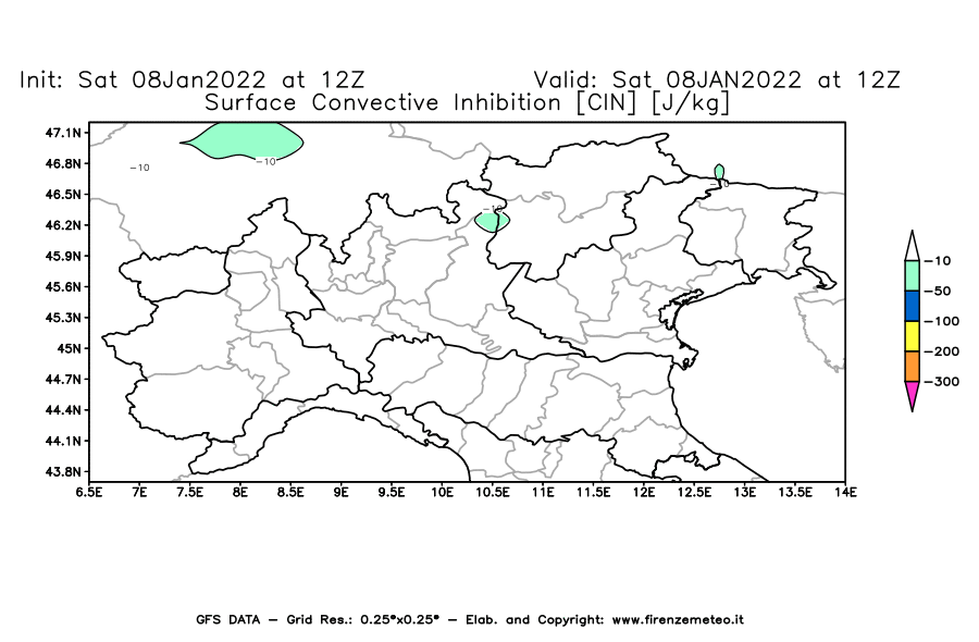 Mappa di analisi GFS - CIN [J/kg] in Nord-Italia
							del 08/01/2022 12 <!--googleoff: index-->UTC<!--googleon: index-->