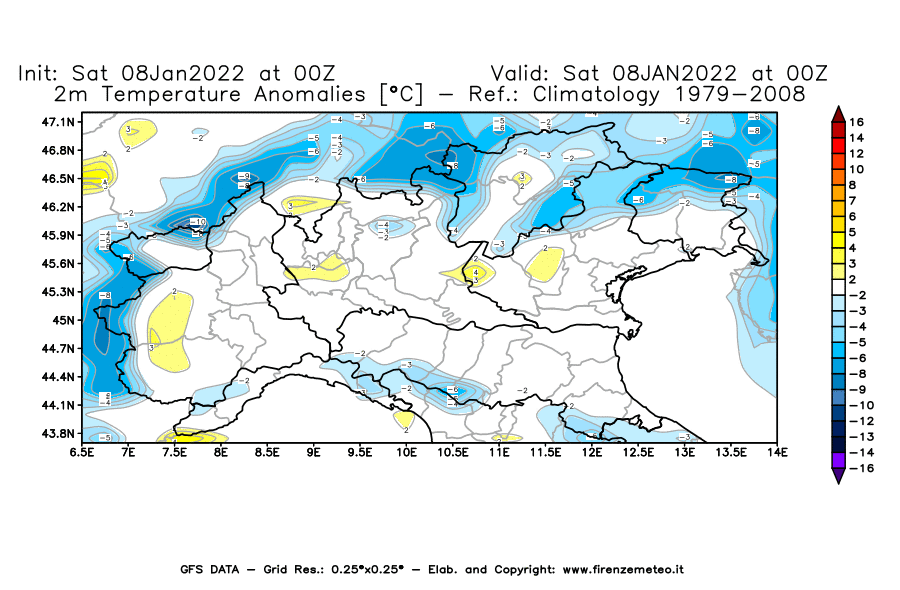 Mappa di analisi GFS - Anomalia Temperatura [°C] a 2 m in Nord-Italia
							del 08/01/2022 00 <!--googleoff: index-->UTC<!--googleon: index-->