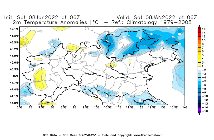 Mappa di analisi GFS - Anomalia Temperatura [°C] a 2 m in Nord-Italia
							del 08/01/2022 06 <!--googleoff: index-->UTC<!--googleon: index-->