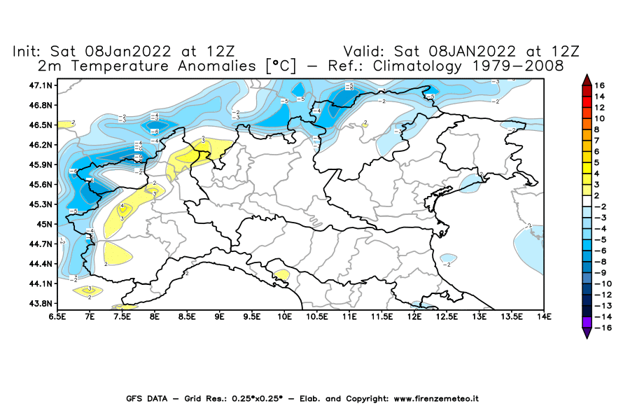 Mappa di analisi GFS - Anomalia Temperatura [°C] a 2 m in Nord-Italia
							del 08/01/2022 12 <!--googleoff: index-->UTC<!--googleon: index-->