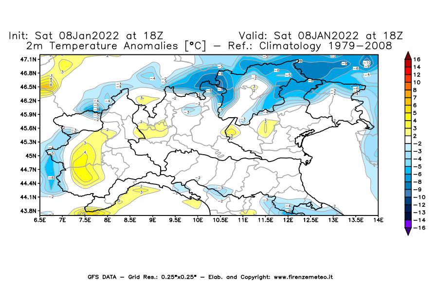 Mappa di analisi GFS - Anomalia Temperatura [°C] a 2 m in Nord-Italia
							del 08/01/2022 18 <!--googleoff: index-->UTC<!--googleon: index-->