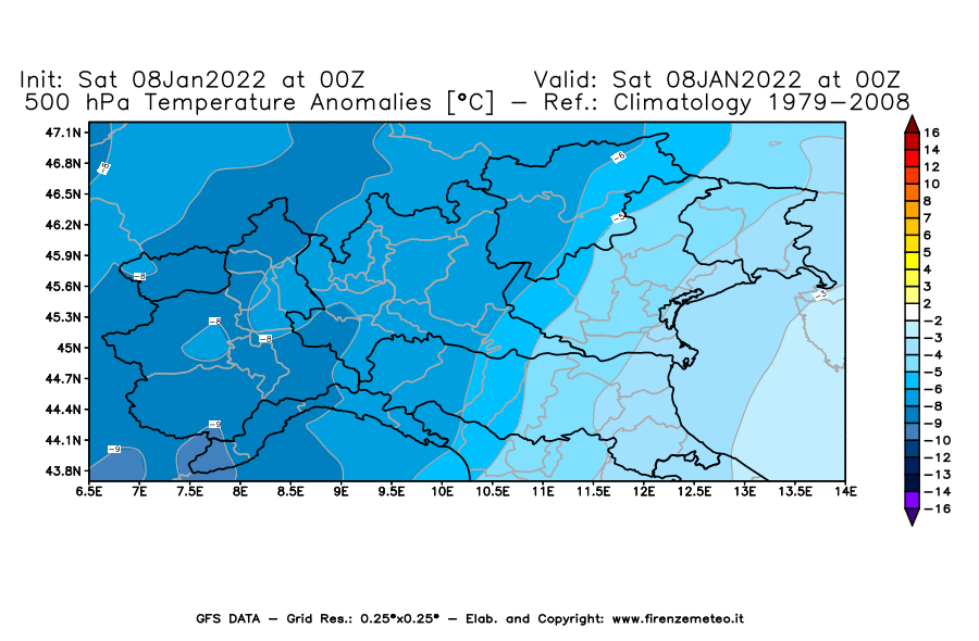 Mappa di analisi GFS - Anomalia Temperatura [°C] a 500 hPa in Nord-Italia
							del 08/01/2022 00 <!--googleoff: index-->UTC<!--googleon: index-->