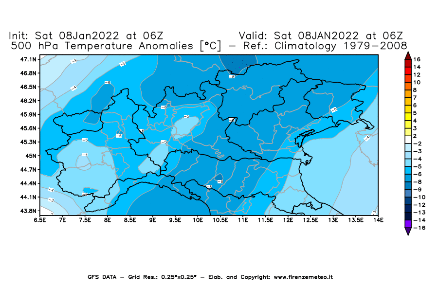 Mappa di analisi GFS - Anomalia Temperatura [°C] a 500 hPa in Nord-Italia
							del 08/01/2022 06 <!--googleoff: index-->UTC<!--googleon: index-->