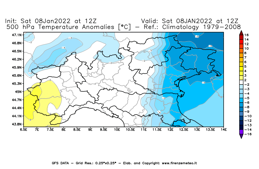 Mappa di analisi GFS - Anomalia Temperatura [°C] a 500 hPa in Nord-Italia
							del 08/01/2022 12 <!--googleoff: index-->UTC<!--googleon: index-->