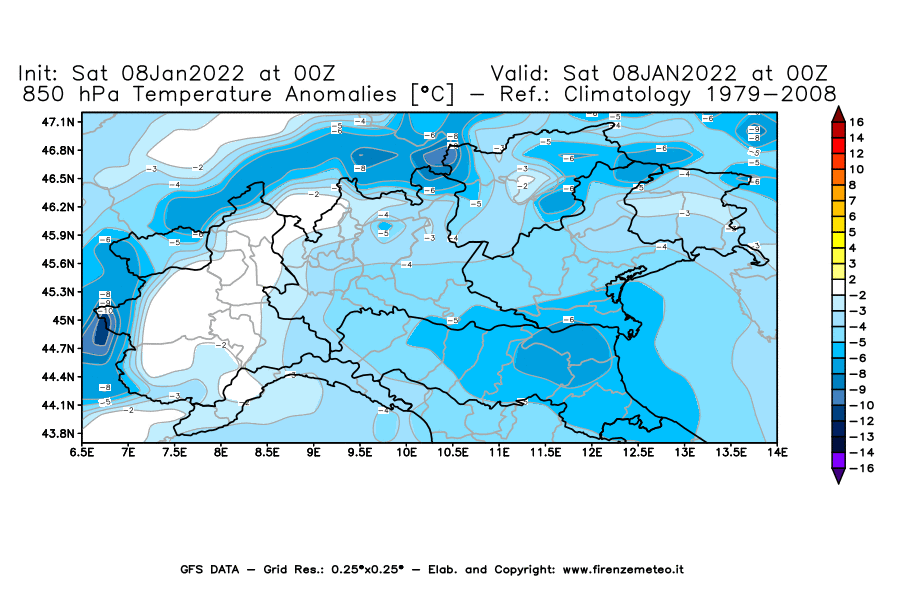 Mappa di analisi GFS - Anomalia Temperatura [°C] a 850 hPa in Nord-Italia
							del 08/01/2022 00 <!--googleoff: index-->UTC<!--googleon: index-->