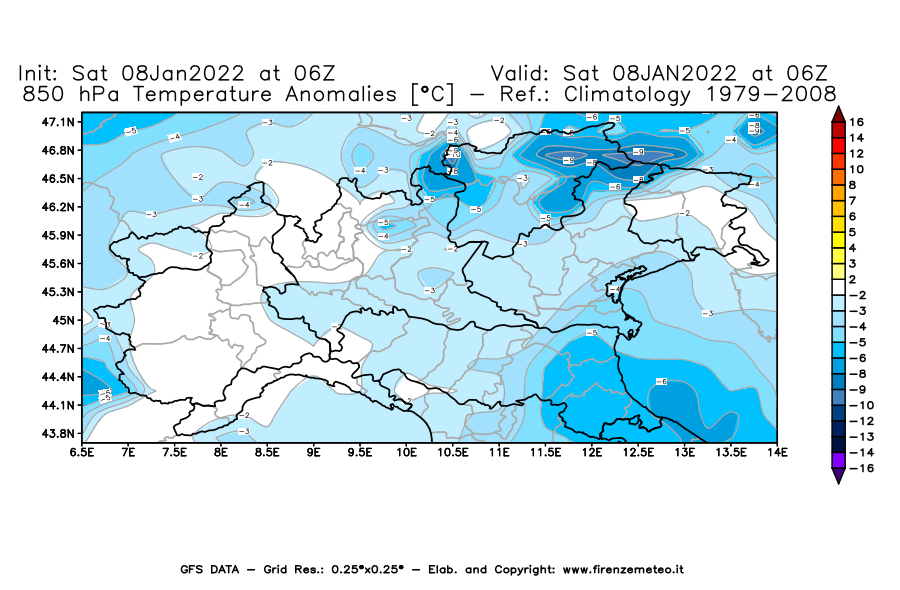Mappa di analisi GFS - Anomalia Temperatura [°C] a 850 hPa in Nord-Italia
							del 08/01/2022 06 <!--googleoff: index-->UTC<!--googleon: index-->