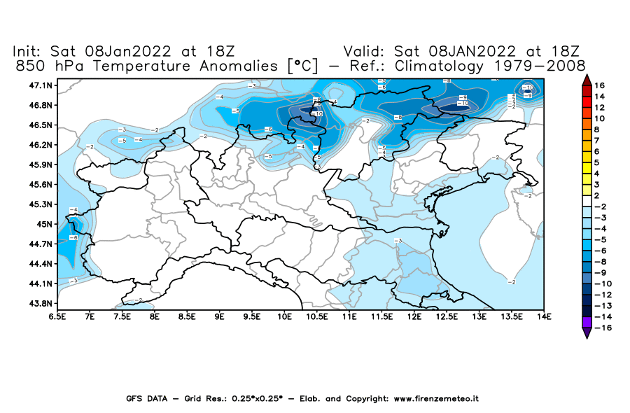 Mappa di analisi GFS - Anomalia Temperatura [°C] a 850 hPa in Nord-Italia
							del 08/01/2022 18 <!--googleoff: index-->UTC<!--googleon: index-->