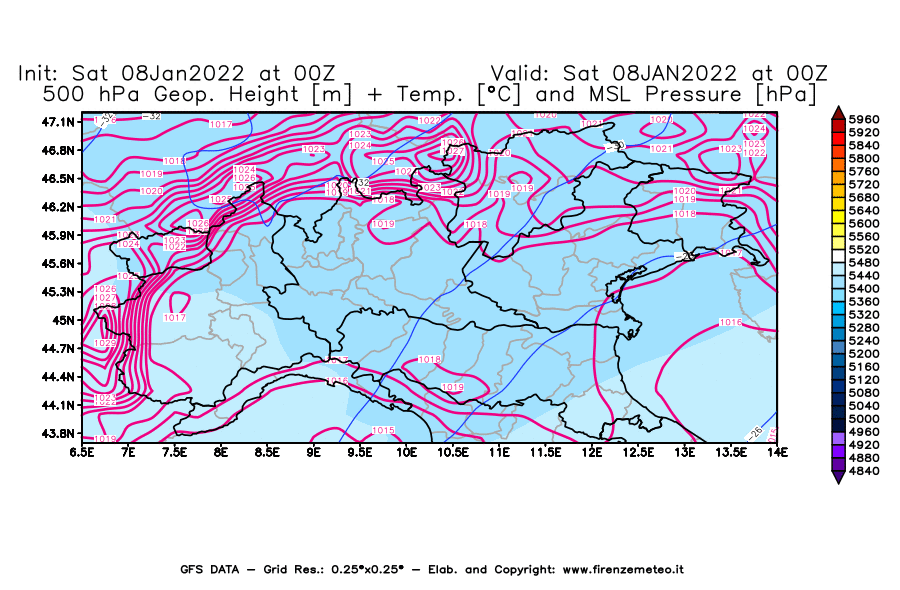 Mappa di analisi GFS - Geopotenziale [m] + Temp. [°C] a 500 hPa + Press. a livello del mare [hPa] in Nord-Italia
							del 08/01/2022 00 <!--googleoff: index-->UTC<!--googleon: index-->