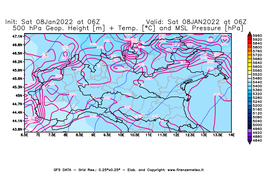 Mappa di analisi GFS - Geopotenziale [m] + Temp. [°C] a 500 hPa + Press. a livello del mare [hPa] in Nord-Italia
							del 08/01/2022 06 <!--googleoff: index-->UTC<!--googleon: index-->