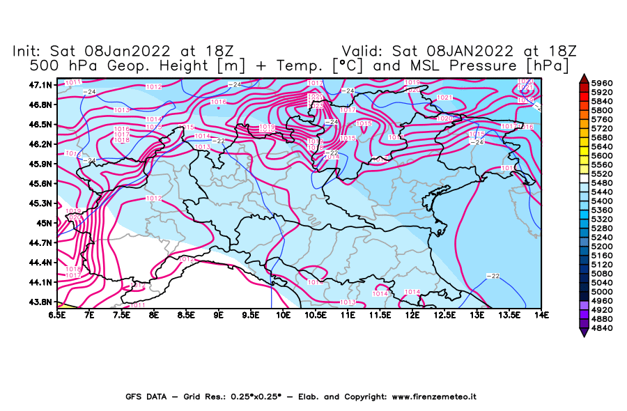 Mappa di analisi GFS - Geopotenziale [m] + Temp. [°C] a 500 hPa + Press. a livello del mare [hPa] in Nord-Italia
							del 08/01/2022 18 <!--googleoff: index-->UTC<!--googleon: index-->