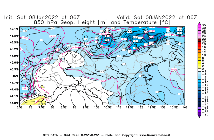 Mappa di analisi GFS - Geopotenziale [m] e Temperatura [°C] a 850 hPa in Nord-Italia
							del 08/01/2022 06 <!--googleoff: index-->UTC<!--googleon: index-->