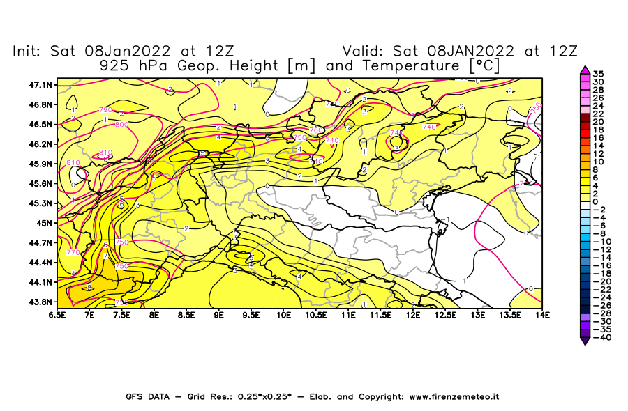 Mappa di analisi GFS - Geopotenziale [m] e Temperatura [°C] a 925 hPa in Nord-Italia
							del 08/01/2022 12 <!--googleoff: index-->UTC<!--googleon: index-->