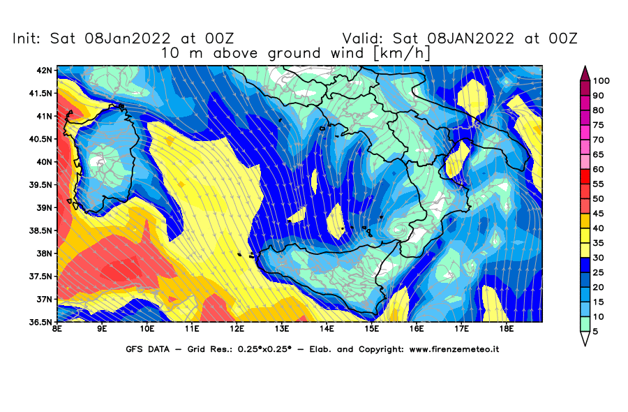 Mappa di analisi GFS - Velocità del vento a 10 metri dal suolo [km/h] in Sud-Italia
							del 08/01/2022 00 <!--googleoff: index-->UTC<!--googleon: index-->