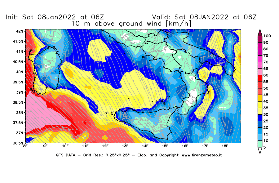 Mappa di analisi GFS - Velocità del vento a 10 metri dal suolo [km/h] in Sud-Italia
							del 08/01/2022 06 <!--googleoff: index-->UTC<!--googleon: index-->