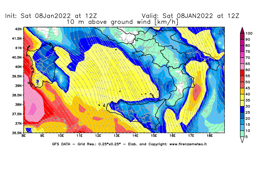 Mappa di analisi GFS - Velocità del vento a 10 metri dal suolo [km/h] in Sud-Italia
							del 08/01/2022 12 <!--googleoff: index-->UTC<!--googleon: index-->