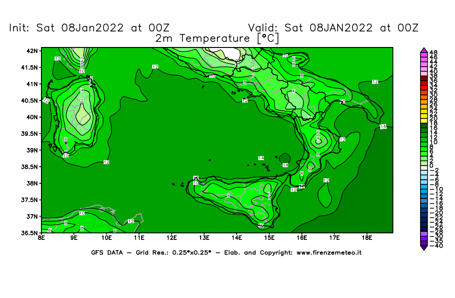Mappa di analisi GFS - Temperatura a 2 metri dal suolo [°C] in Sud-Italia
							del 08/01/2022 00 <!--googleoff: index-->UTC<!--googleon: index-->
