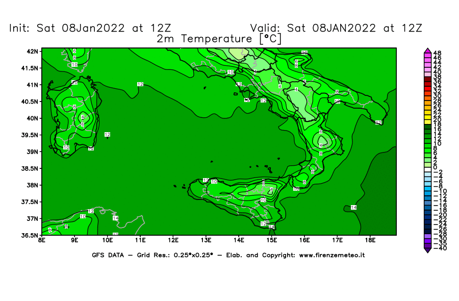Mappa di analisi GFS - Temperatura a 2 metri dal suolo [°C] in Sud-Italia
							del 08/01/2022 12 <!--googleoff: index-->UTC<!--googleon: index-->
