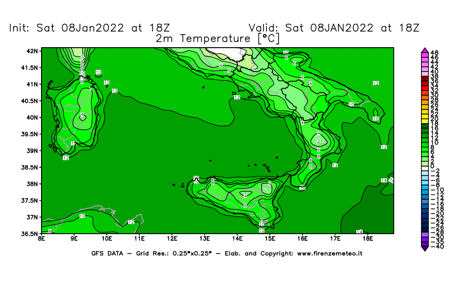 Mappa di analisi GFS - Temperatura a 2 metri dal suolo [°C] in Sud-Italia
							del 08/01/2022 18 <!--googleoff: index-->UTC<!--googleon: index-->