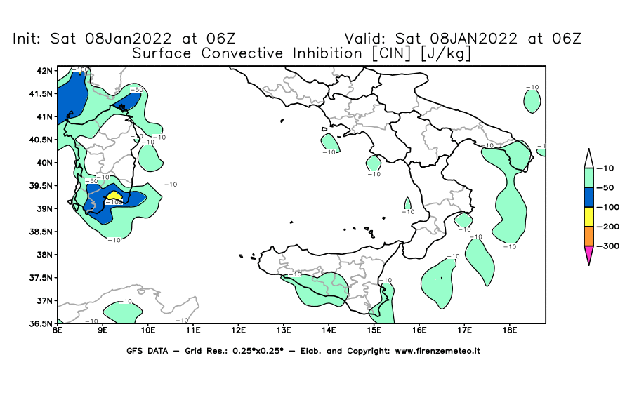 Mappa di analisi GFS - CIN [J/kg] in Sud-Italia
							del 08/01/2022 06 <!--googleoff: index-->UTC<!--googleon: index-->