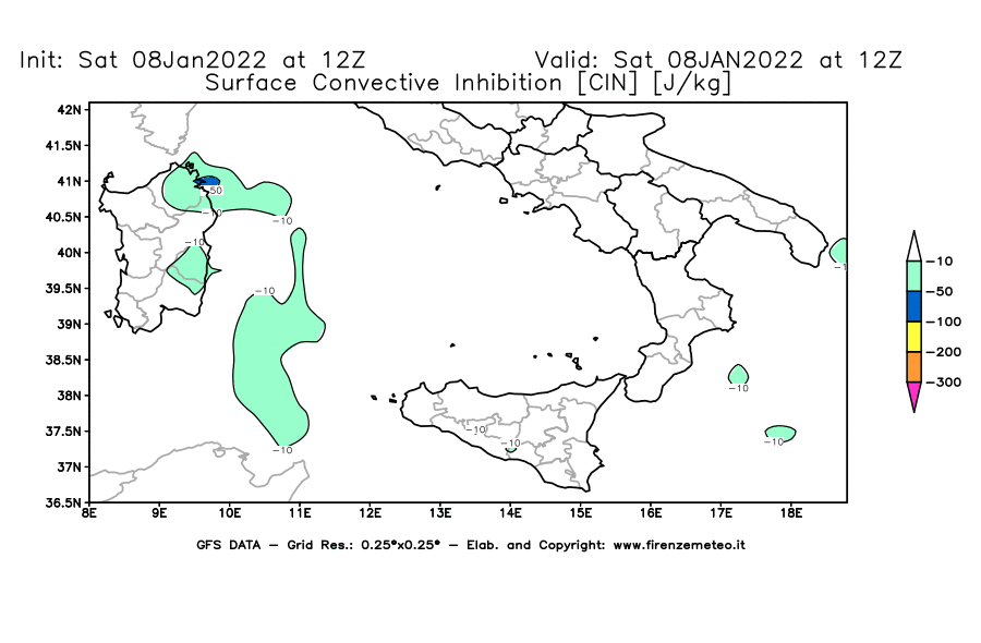 Mappa di analisi GFS - CIN [J/kg] in Sud-Italia
							del 08/01/2022 12 <!--googleoff: index-->UTC<!--googleon: index-->