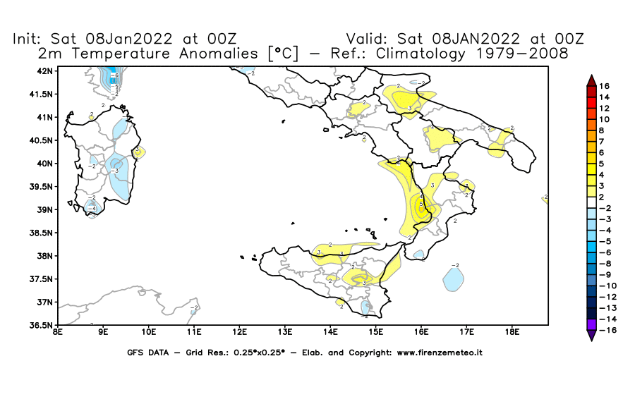 Mappa di analisi GFS - Anomalia Temperatura [°C] a 2 m in Sud-Italia
							del 08/01/2022 00 <!--googleoff: index-->UTC<!--googleon: index-->