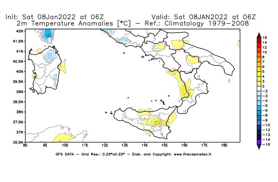 Mappa di analisi GFS - Anomalia Temperatura [°C] a 2 m in Sud-Italia
							del 08/01/2022 06 <!--googleoff: index-->UTC<!--googleon: index-->