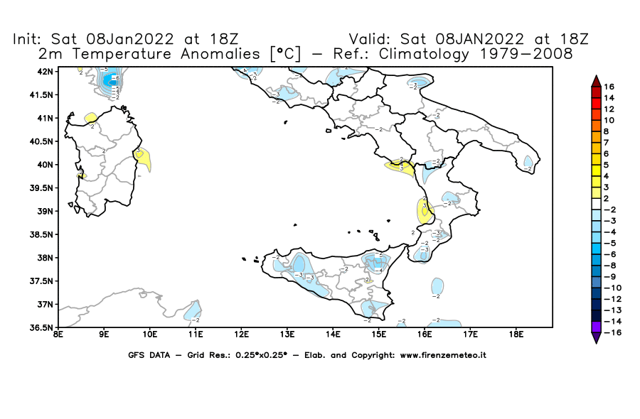 Mappa di analisi GFS - Anomalia Temperatura [°C] a 2 m in Sud-Italia
							del 08/01/2022 18 <!--googleoff: index-->UTC<!--googleon: index-->