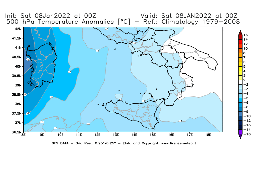 Mappa di analisi GFS - Anomalia Temperatura [°C] a 500 hPa in Sud-Italia
							del 08/01/2022 00 <!--googleoff: index-->UTC<!--googleon: index-->