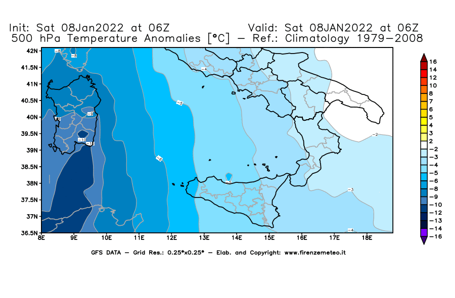 Mappa di analisi GFS - Anomalia Temperatura [°C] a 500 hPa in Sud-Italia
							del 08/01/2022 06 <!--googleoff: index-->UTC<!--googleon: index-->