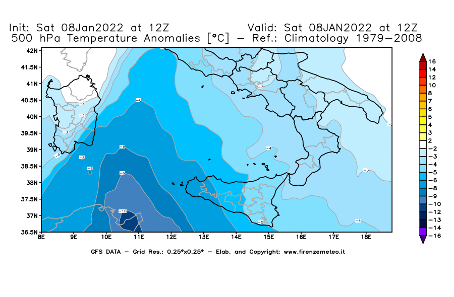 Mappa di analisi GFS - Anomalia Temperatura [°C] a 500 hPa in Sud-Italia
							del 08/01/2022 12 <!--googleoff: index-->UTC<!--googleon: index-->