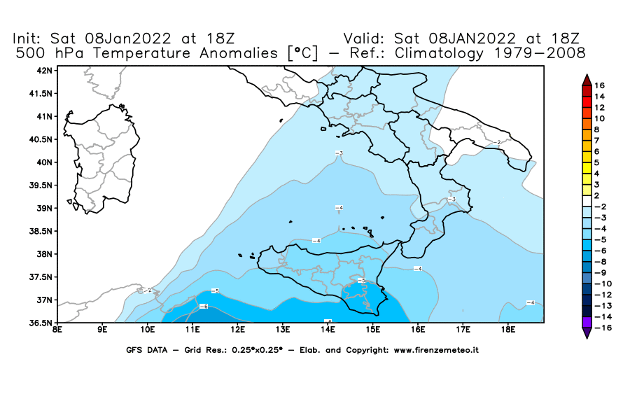 Mappa di analisi GFS - Anomalia Temperatura [°C] a 500 hPa in Sud-Italia
							del 08/01/2022 18 <!--googleoff: index-->UTC<!--googleon: index-->