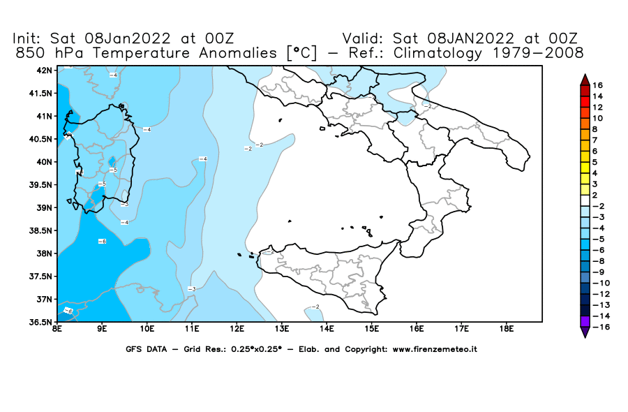 Mappa di analisi GFS - Anomalia Temperatura [°C] a 850 hPa in Sud-Italia
							del 08/01/2022 00 <!--googleoff: index-->UTC<!--googleon: index-->