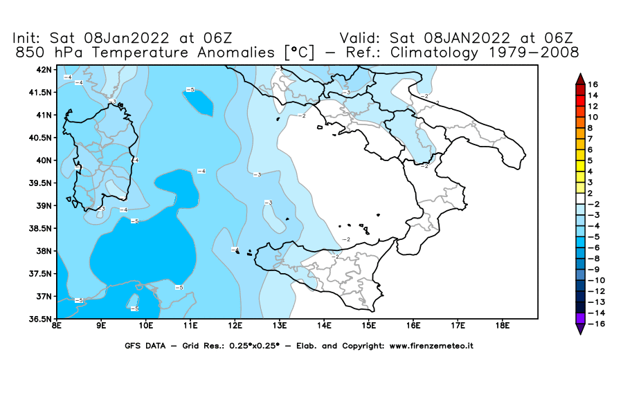 Mappa di analisi GFS - Anomalia Temperatura [°C] a 850 hPa in Sud-Italia
							del 08/01/2022 06 <!--googleoff: index-->UTC<!--googleon: index-->