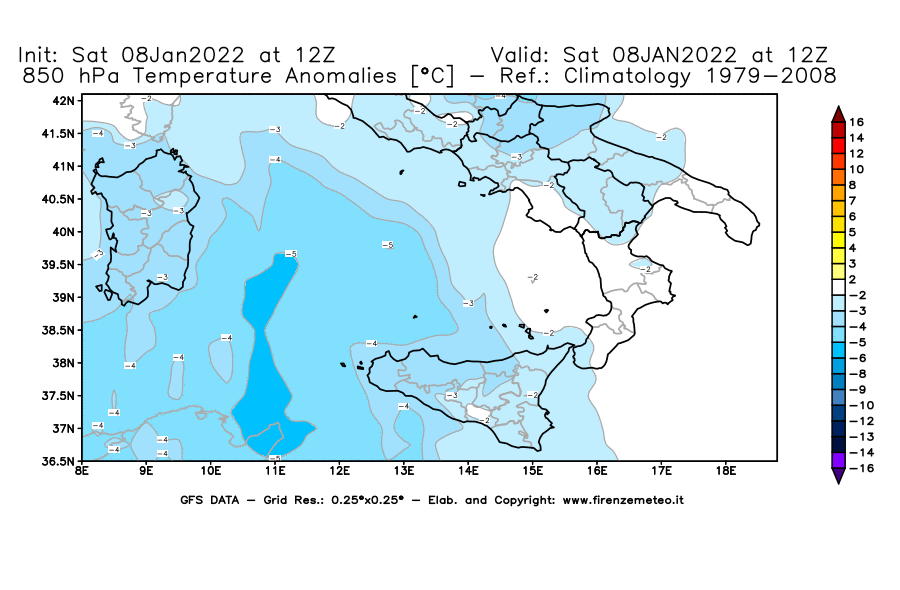 Mappa di analisi GFS - Anomalia Temperatura [°C] a 850 hPa in Sud-Italia
							del 08/01/2022 12 <!--googleoff: index-->UTC<!--googleon: index-->