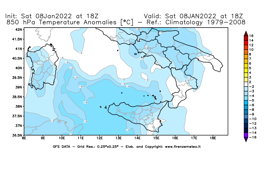 Mappa di analisi GFS - Anomalia Temperatura [°C] a 850 hPa in Sud-Italia
							del 08/01/2022 18 <!--googleoff: index-->UTC<!--googleon: index-->