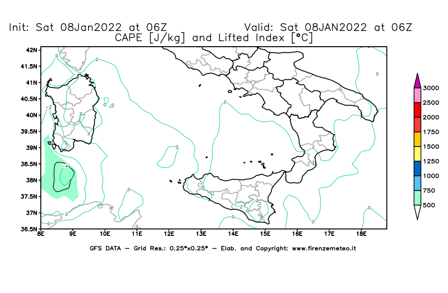 Mappa di analisi GFS - CAPE [J/kg] e Lifted Index [°C] in Sud-Italia
							del 08/01/2022 06 <!--googleoff: index-->UTC<!--googleon: index-->