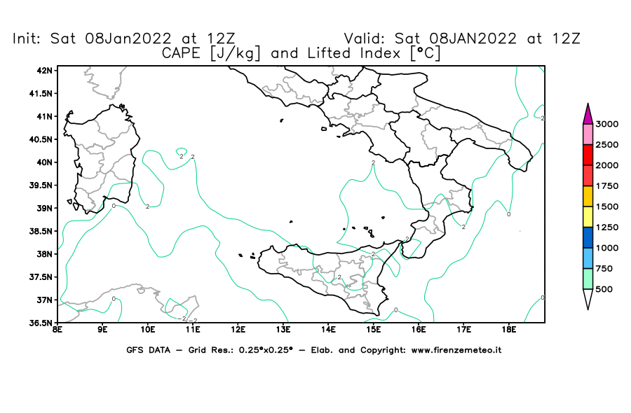 Mappa di analisi GFS - CAPE [J/kg] e Lifted Index [°C] in Sud-Italia
							del 08/01/2022 12 <!--googleoff: index-->UTC<!--googleon: index-->