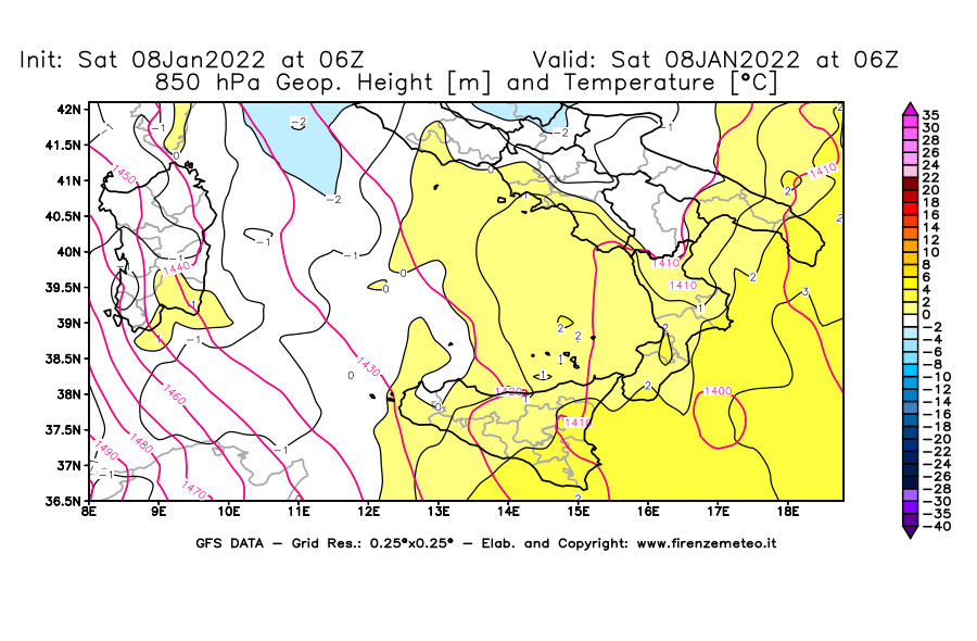 Mappa di analisi GFS - Geopotenziale [m] e Temperatura [°C] a 850 hPa in Sud-Italia
							del 08/01/2022 06 <!--googleoff: index-->UTC<!--googleon: index-->