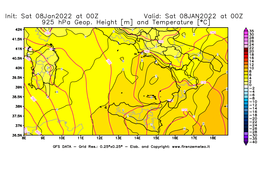 Mappa di analisi GFS - Geopotenziale [m] e Temperatura [°C] a 925 hPa in Sud-Italia
							del 08/01/2022 00 <!--googleoff: index-->UTC<!--googleon: index-->