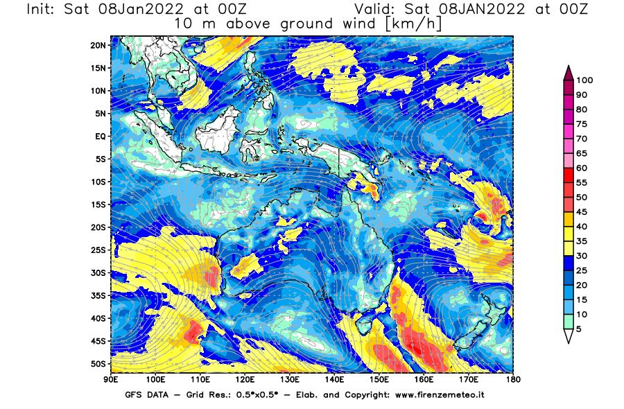 Mappa di analisi GFS - Velocità del vento a 10 metri dal suolo [km/h] in Oceania
							del 08/01/2022 00 <!--googleoff: index-->UTC<!--googleon: index-->