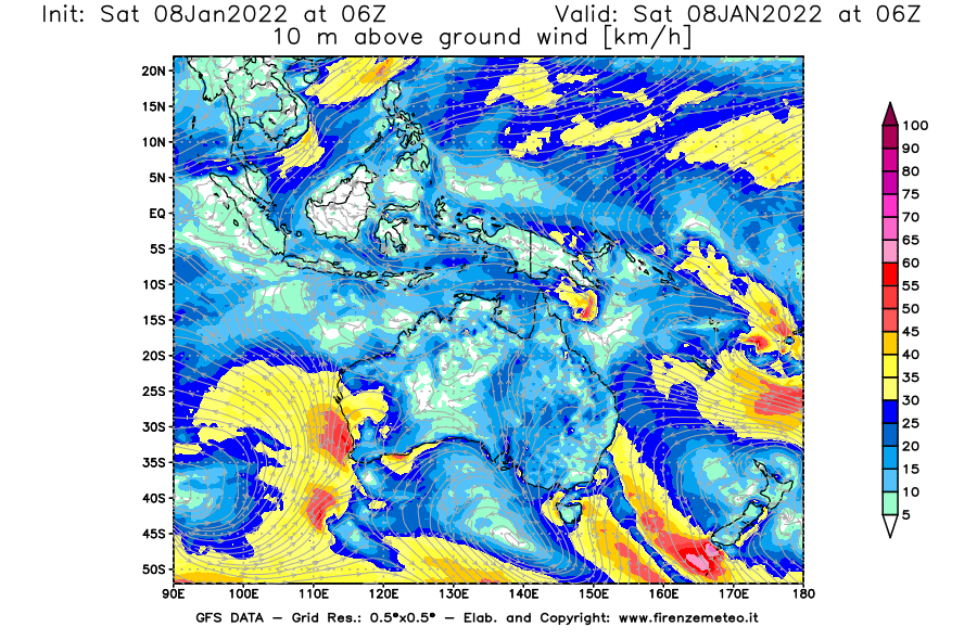 Mappa di analisi GFS - Velocità del vento a 10 metri dal suolo [km/h] in Oceania
							del 08/01/2022 06 <!--googleoff: index-->UTC<!--googleon: index-->