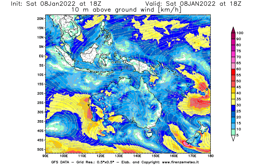 Mappa di analisi GFS - Velocità del vento a 10 metri dal suolo [km/h] in Oceania
							del 08/01/2022 18 <!--googleoff: index-->UTC<!--googleon: index-->