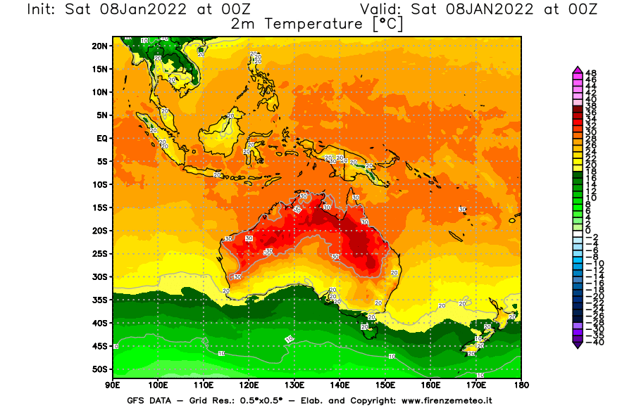 Mappa di analisi GFS - Temperatura a 2 metri dal suolo [°C] in Oceania
							del 08/01/2022 00 <!--googleoff: index-->UTC<!--googleon: index-->