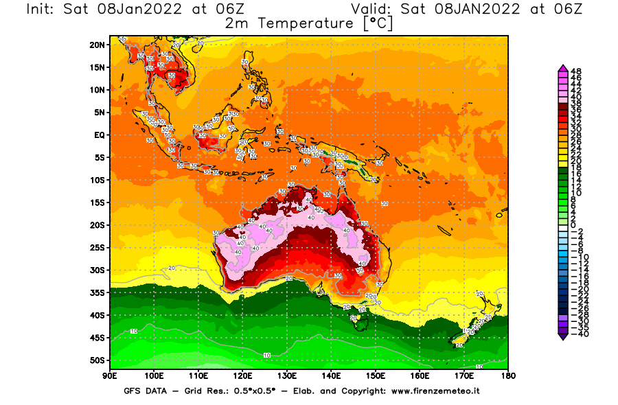 Mappa di analisi GFS - Temperatura a 2 metri dal suolo [°C] in Oceania
							del 08/01/2022 06 <!--googleoff: index-->UTC<!--googleon: index-->