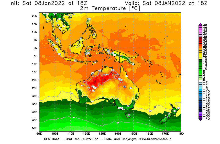 Mappa di analisi GFS - Temperatura a 2 metri dal suolo [°C] in Oceania
							del 08/01/2022 18 <!--googleoff: index-->UTC<!--googleon: index-->