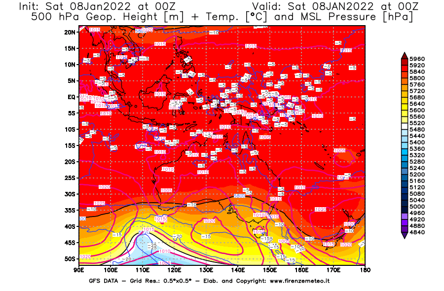 Mappa di analisi GFS - Geopotenziale [m] + Temp. [°C] a 500 hPa + Press. a livello del mare [hPa] in Oceania
							del 08/01/2022 00 <!--googleoff: index-->UTC<!--googleon: index-->