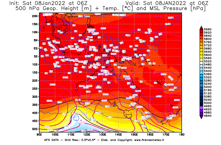 Mappa di analisi GFS - Geopotenziale [m] + Temp. [°C] a 500 hPa + Press. a livello del mare [hPa] in Oceania
							del 08/01/2022 06 <!--googleoff: index-->UTC<!--googleon: index-->