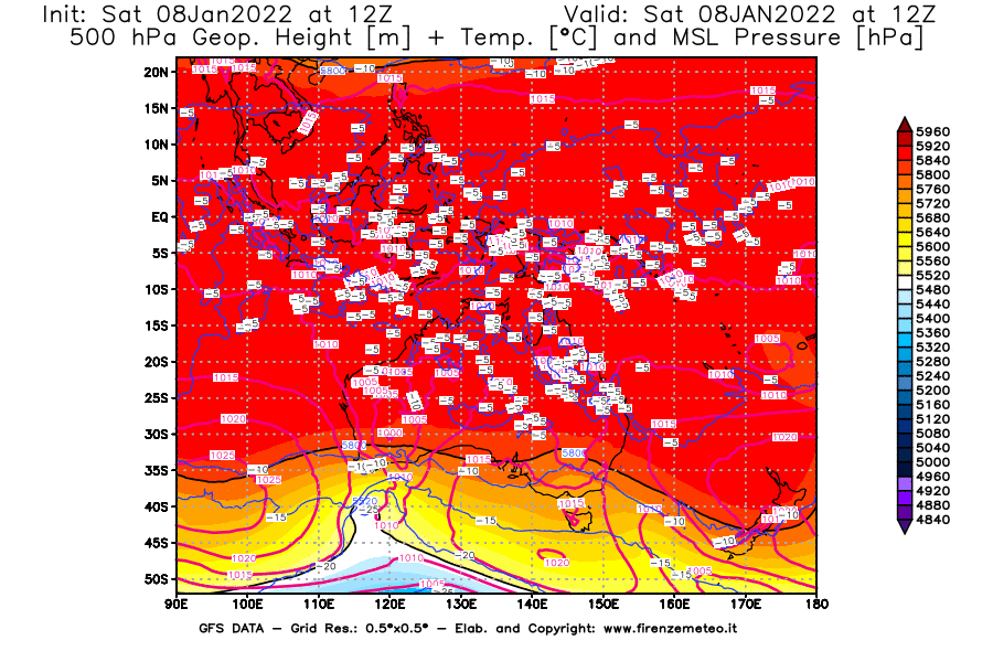 Mappa di analisi GFS - Geopotenziale [m] + Temp. [°C] a 500 hPa + Press. a livello del mare [hPa] in Oceania
							del 08/01/2022 12 <!--googleoff: index-->UTC<!--googleon: index-->